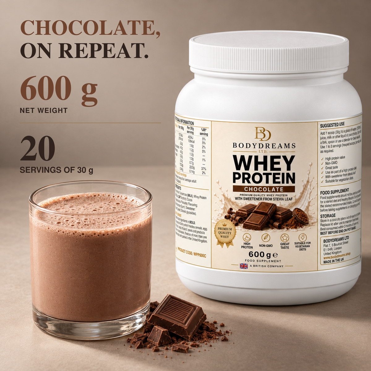 Chocolate Whey Protein Isolate Powder – 600g